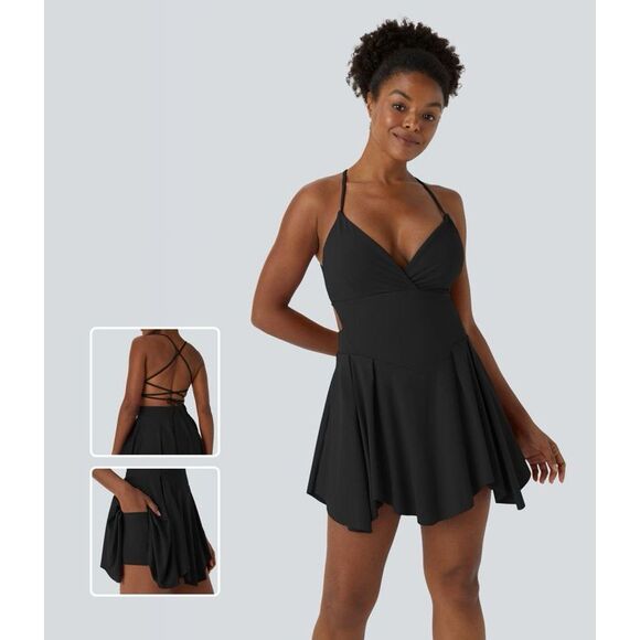 Halara Dresses & Skirts - Halara SoftlyZero Airy Lace Up 2-in-1 Pocket Mini Slip Casual Dress Black S NWT